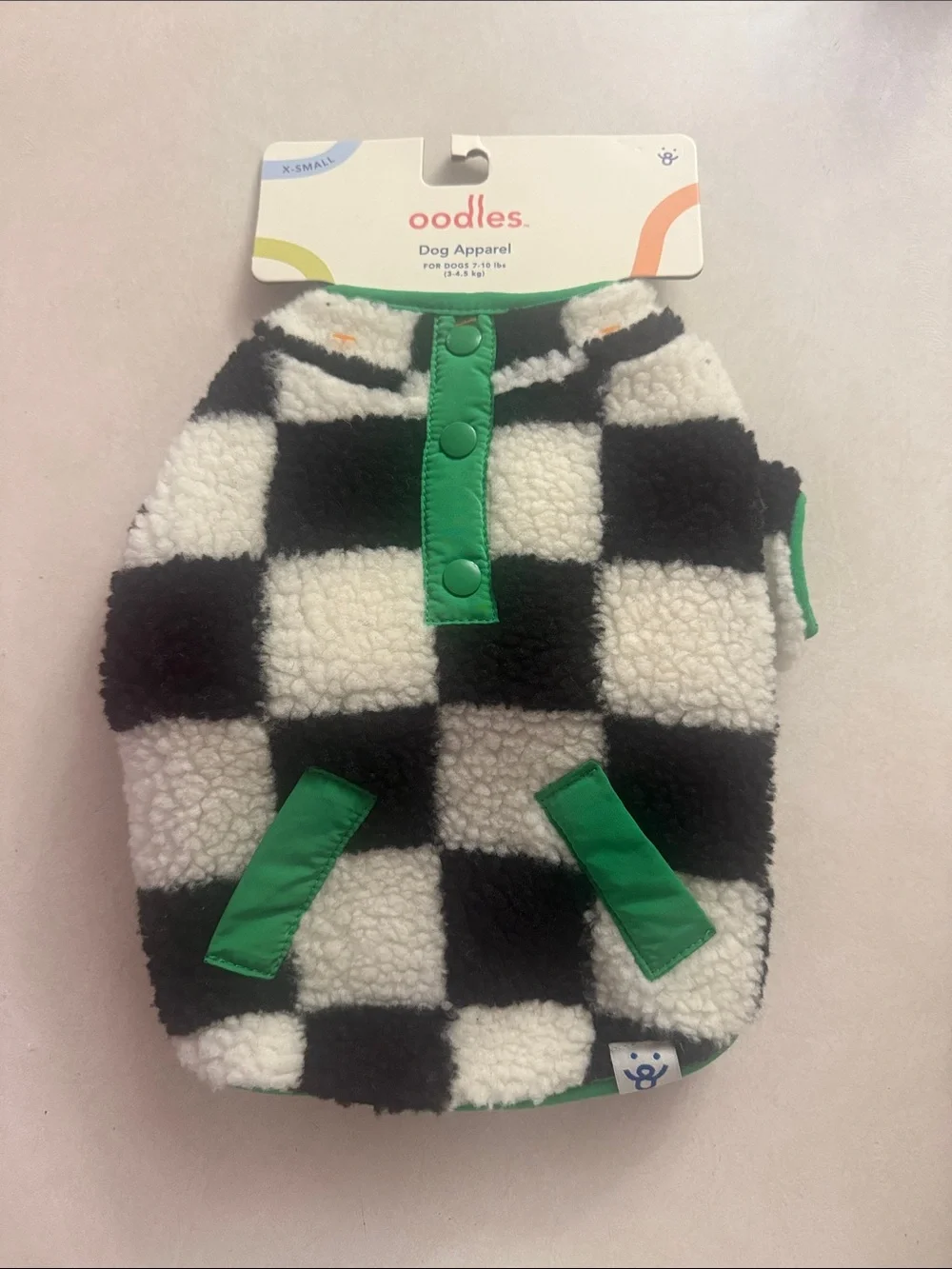 Black & White Check Sherpa Dog Vest with Green Trim